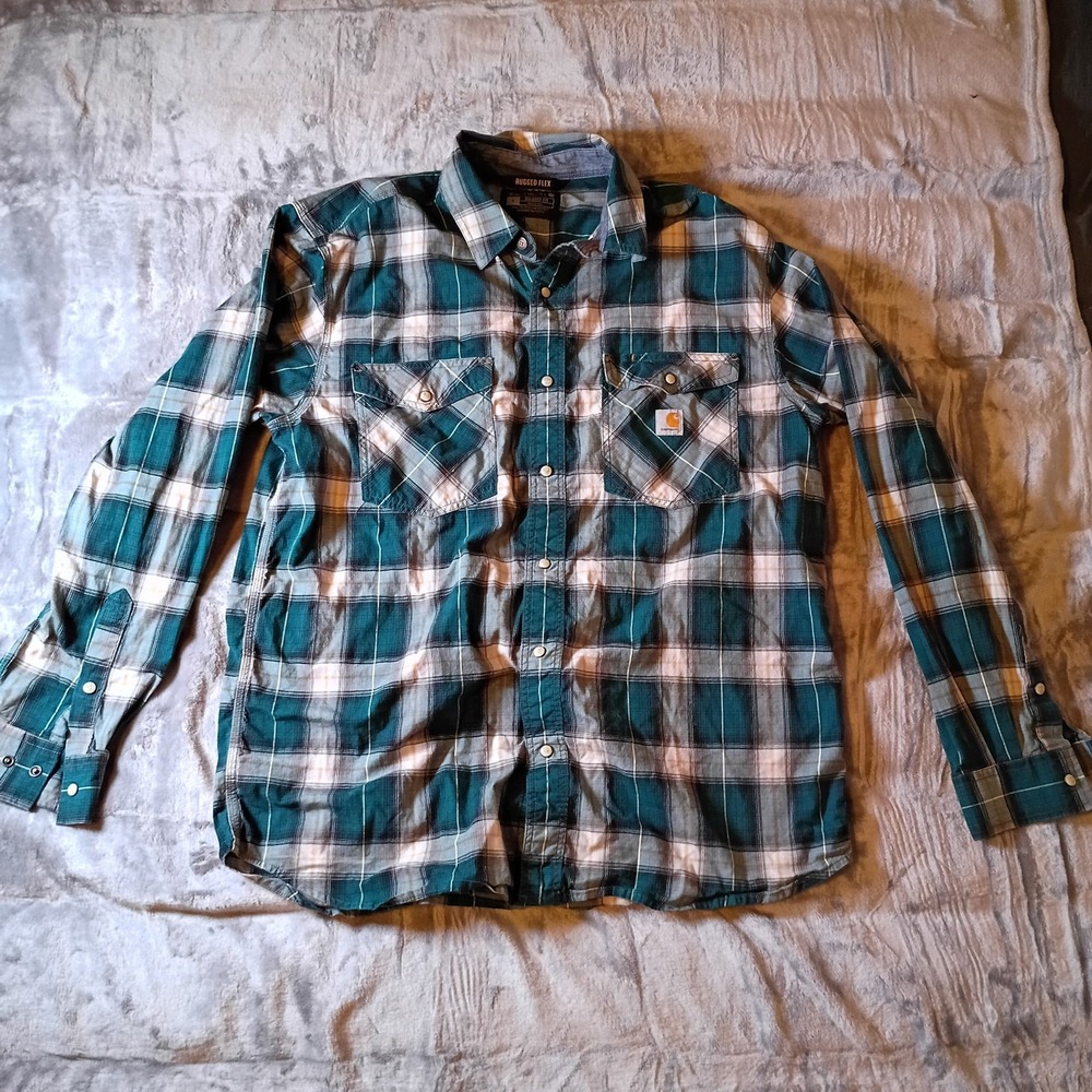 Carhartt Rugged Flex Mens Large Green Plaid Relaxed Fit Flannel Shirt 104912 H25